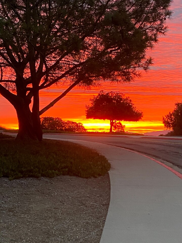 Sunrise seems to set the sky ablaze at the Mount Soledad National Veterans Memorial.