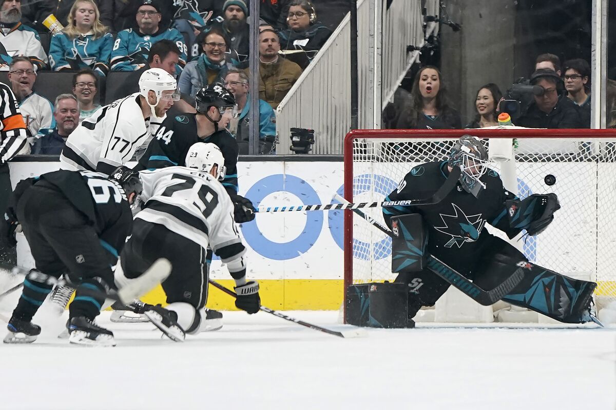 Kings forward Martin Frk scores on Sharks goaltender Aaron Dell.