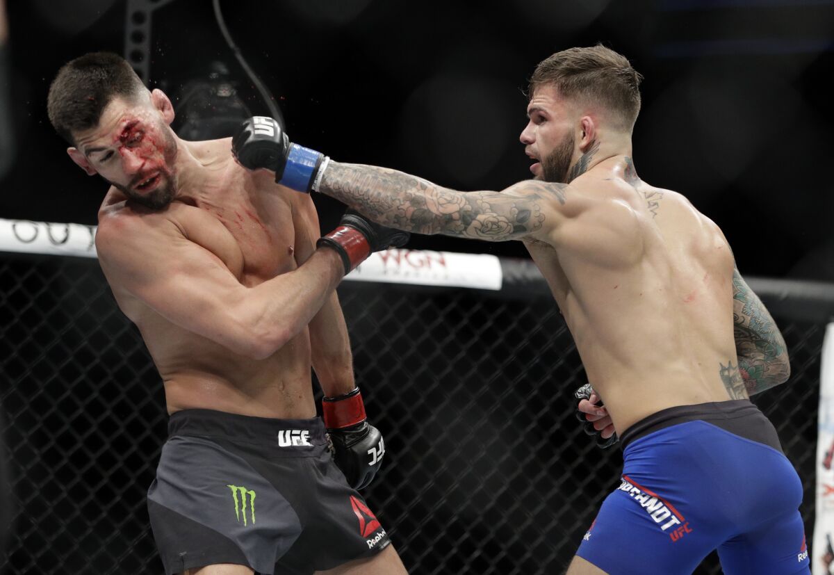Cody Garbrandt, right, throws a punch to Dominick Cruz during a bantamweight championship mixed martial arts bout at UFC 207, Friday, Dec. 30, 2016, in Las Vegas. (AP Photo/John Locher)