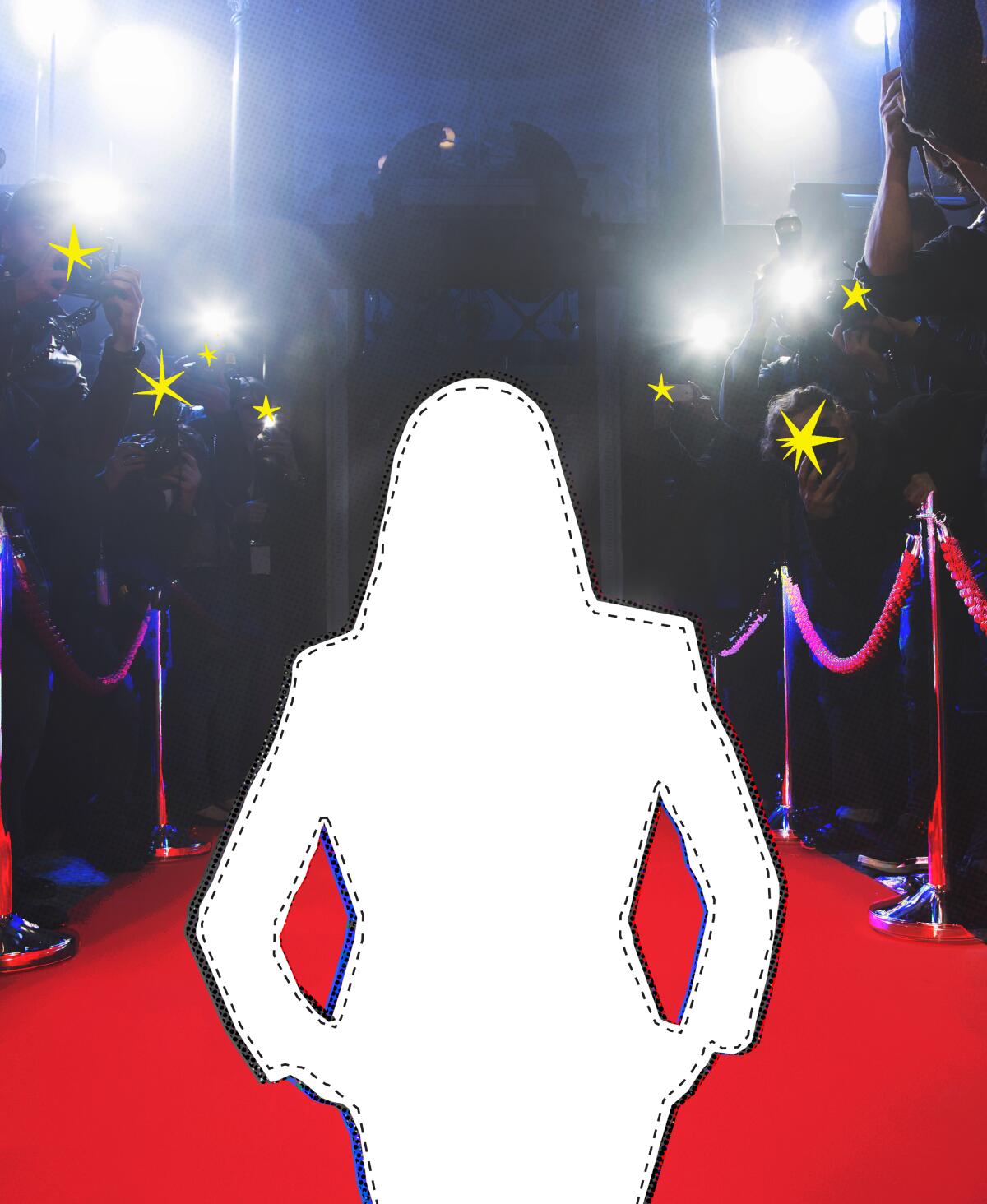 An illustration of an empty outline of a person walking on a red carpet