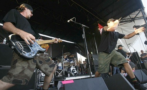 Randy Bradbury, left, and Jim Lindberg of Pennywise perform at Seaside Park in Ventura, where about 18,000 fans convened on Saturday.