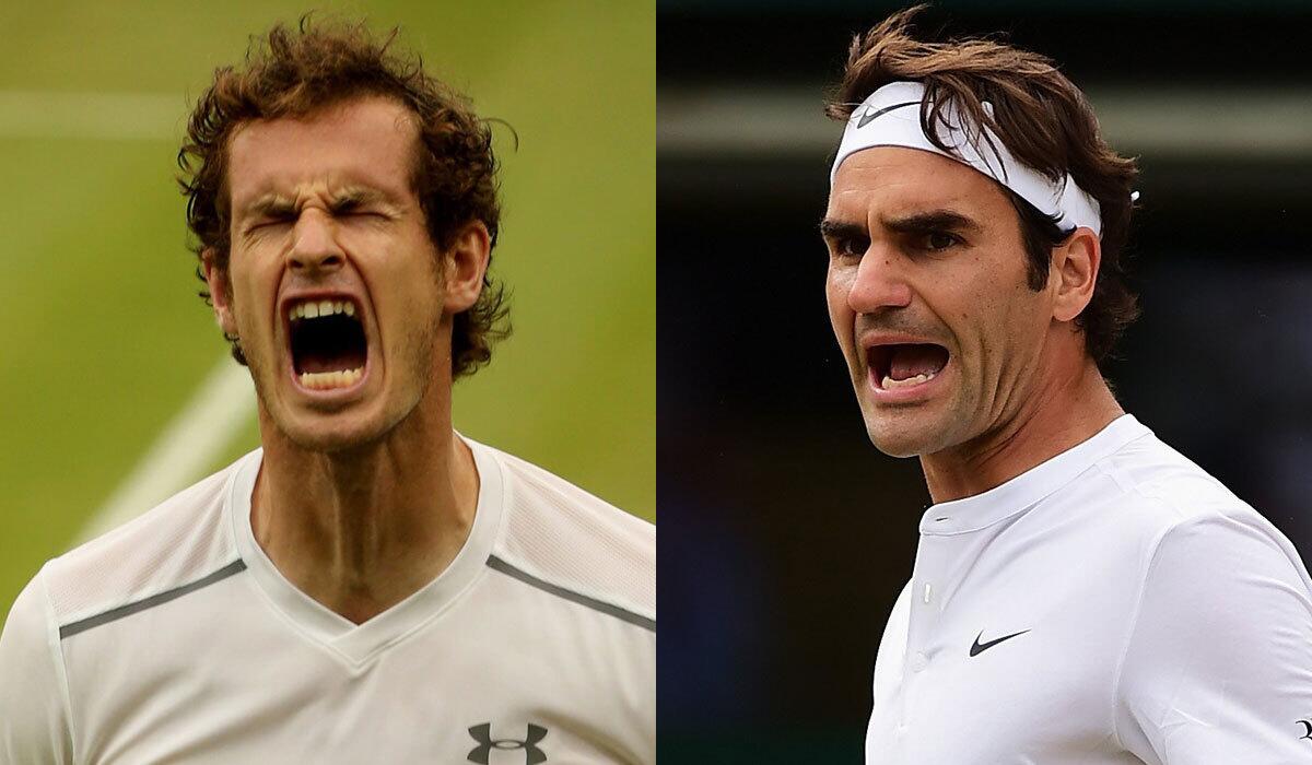 Andy Murray, left, and Roger Federer show some emotion during their quarterfinal matches on Wednesday.