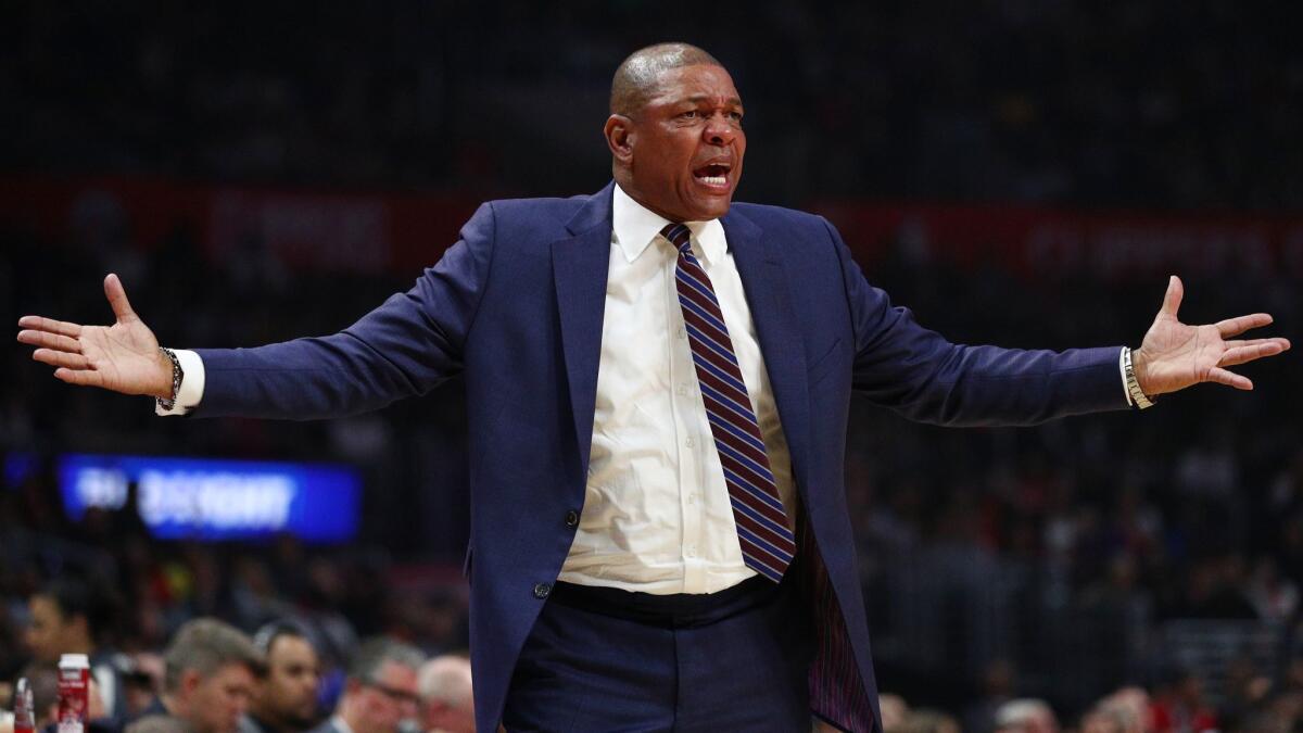 Clippers coach Doc Rivers reacts during a game against the Houston Rockets on April 3 at Staples Center.