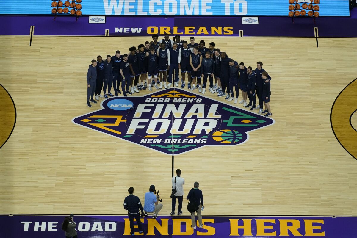The Villanova team poses after practice for the men's Final Four NCAA college basketball tournament, Friday, April 1, 2022, in New Orleans. (AP Photo/David J. Phillip)