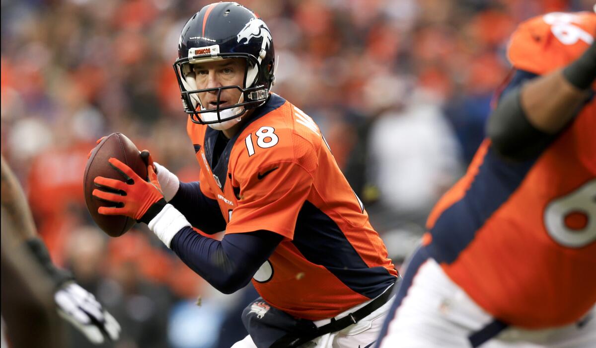Broncos quarterback Peyton Manning drops back to pass against the Colts in an AFC divisional playoff game last month.