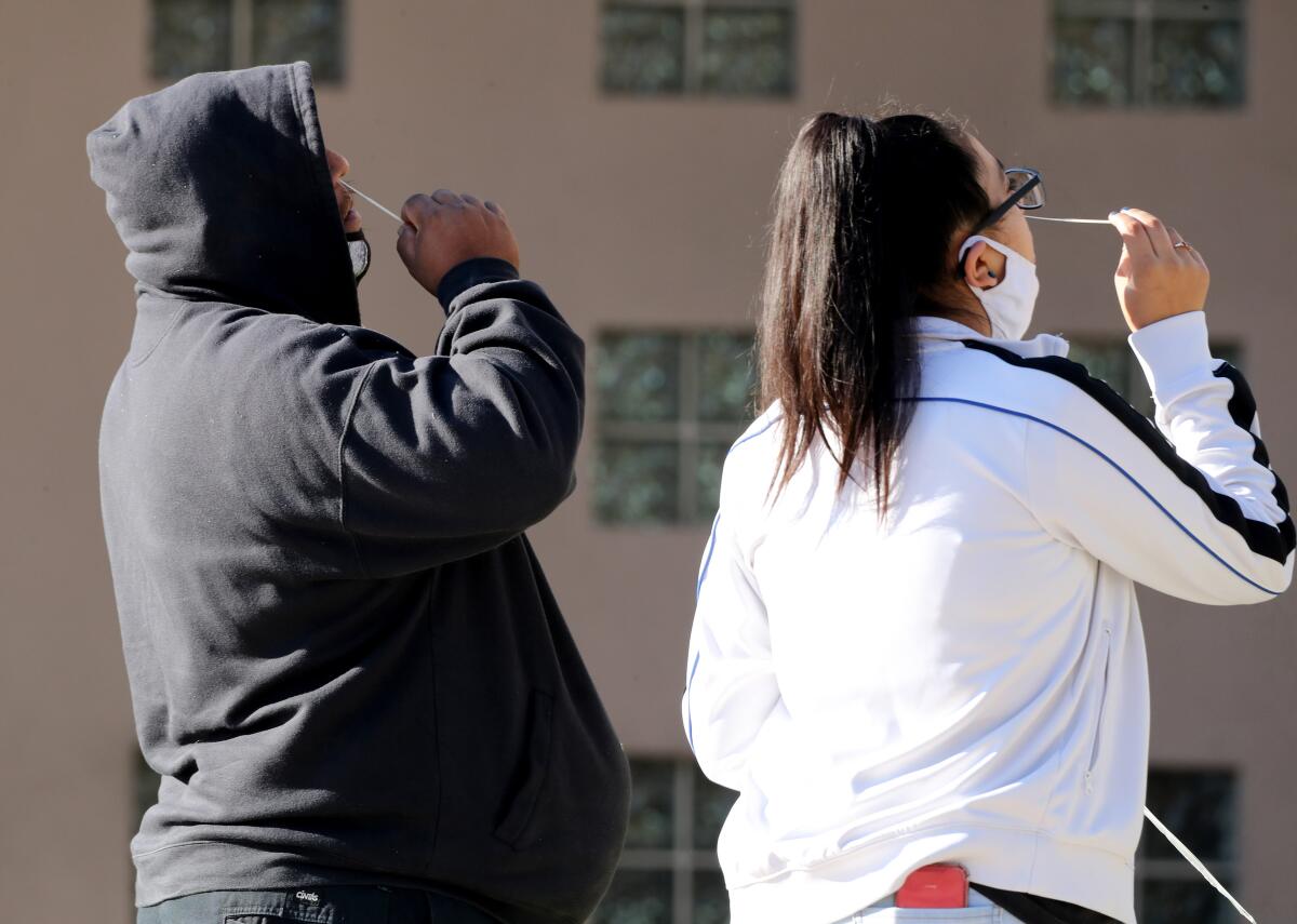 Two people in Costa Mesa collect samples to test themselves for coronavirus infections. 