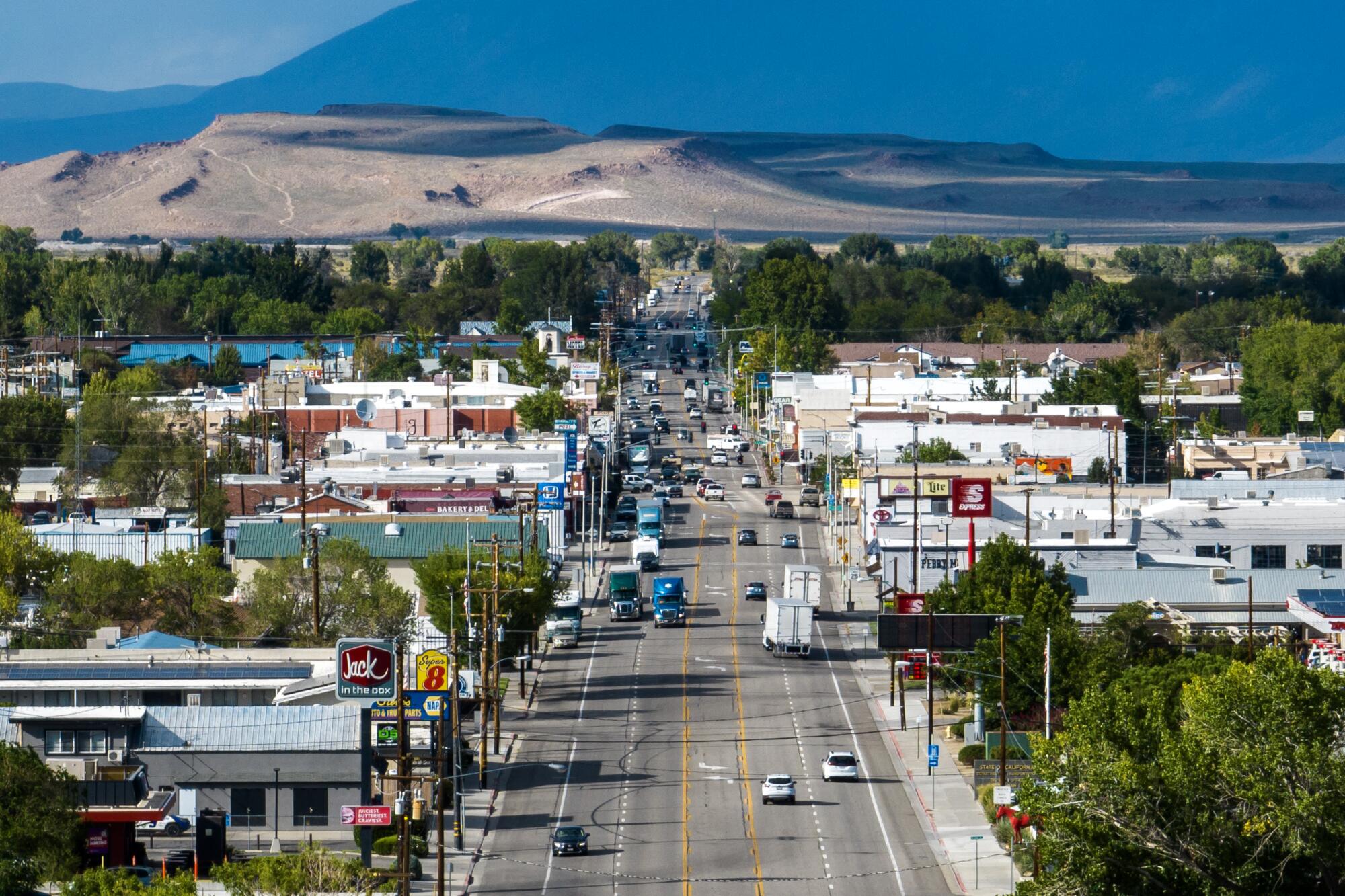 Aerial view of Main Street in Bishop, Calif.