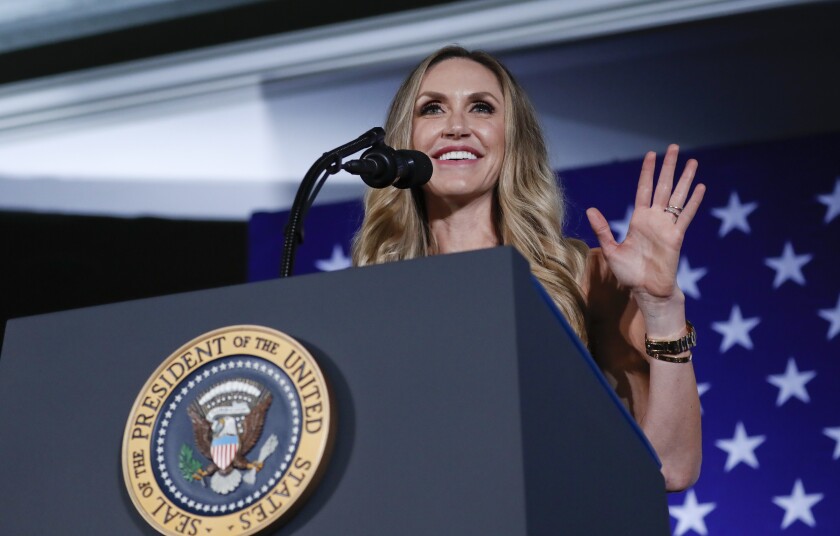 FILE - In this Aug. 31, 2018 file photo, Lara Trump, President Donald Trump's daughter-in-law, speaks at a Republican fundraiser at the Carmel Country Club in in Charlotte, N.C. The former president's daughter-in-law, Lara Trump, is eyeing the North Carolina Senate seat being vacated by Republican Richard Burr. While many in the state are skeptical she will move forward, an entrance into the race would set up a crucial test of whether Donald Trump's popularity among Republicans, which remains massive more than a month after leaving office, can translate to others. (AP Photo/Pablo Martinez Monsivais)