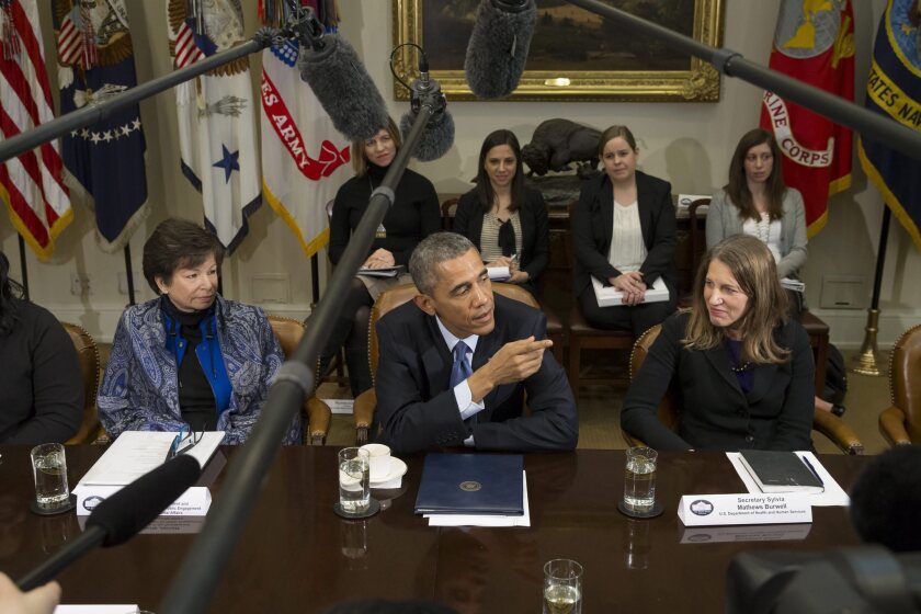 President Obama, flanked by White House aide Valerie Jarrett, left, and Health and Human Services Secretary Sylvia Mathews Burwell, delivers remarks on the Affordable Care Act in February.