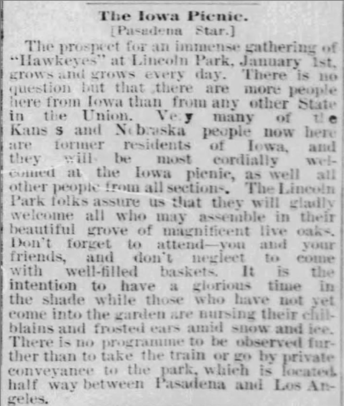 Dec. 24, 1886, Los Angeles Times preview of the first Iowa Picnic.