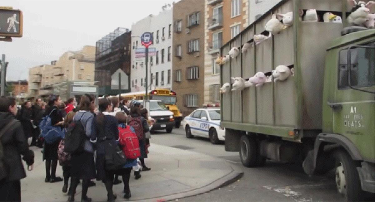 Banksy's cuddly animals tour New York in a slaughterhouse delivery truck.