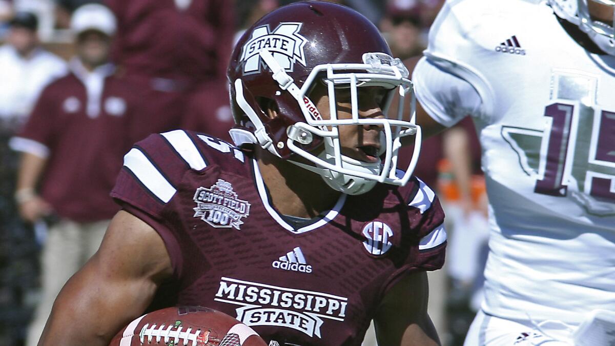 Mississippi State wide receiver Gabe Myles runs with the ball during the first half of a 48-31 win over Texas A&M on Saturday.
