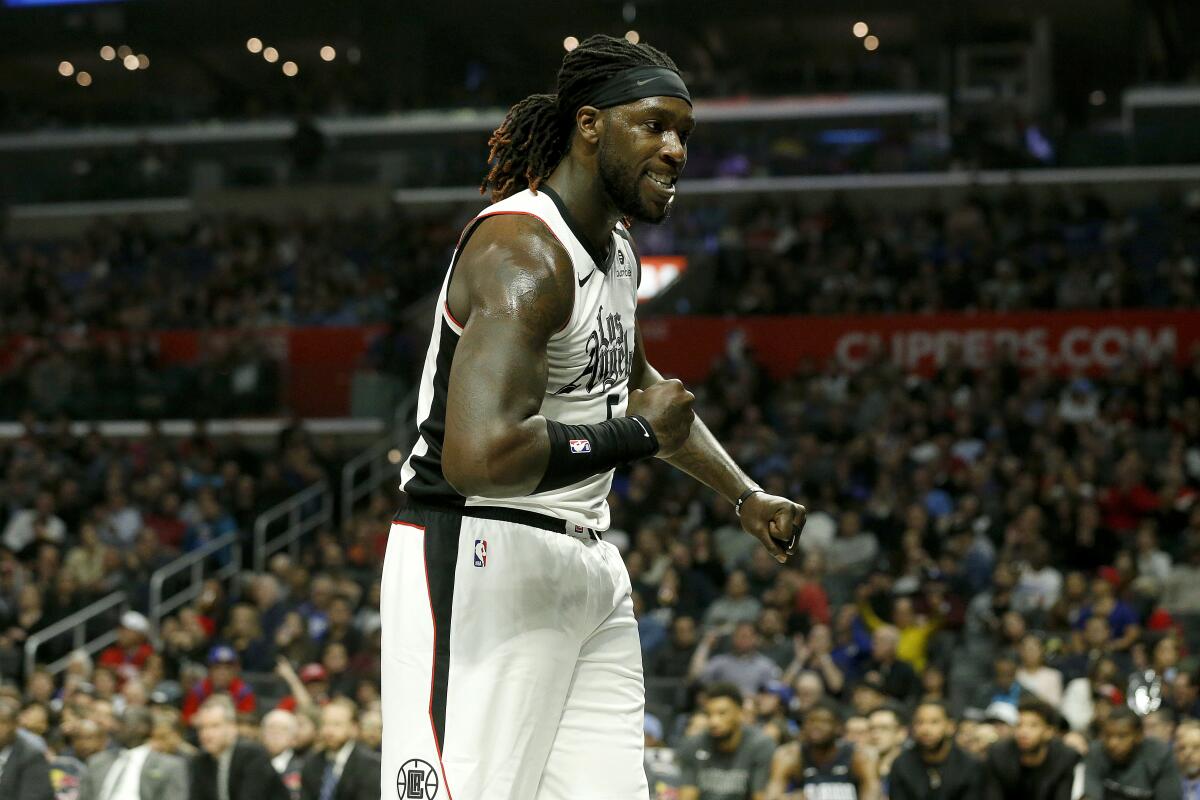  Clippers forward Montrezl Harrell (5) celebrates after a score at Staples Center.