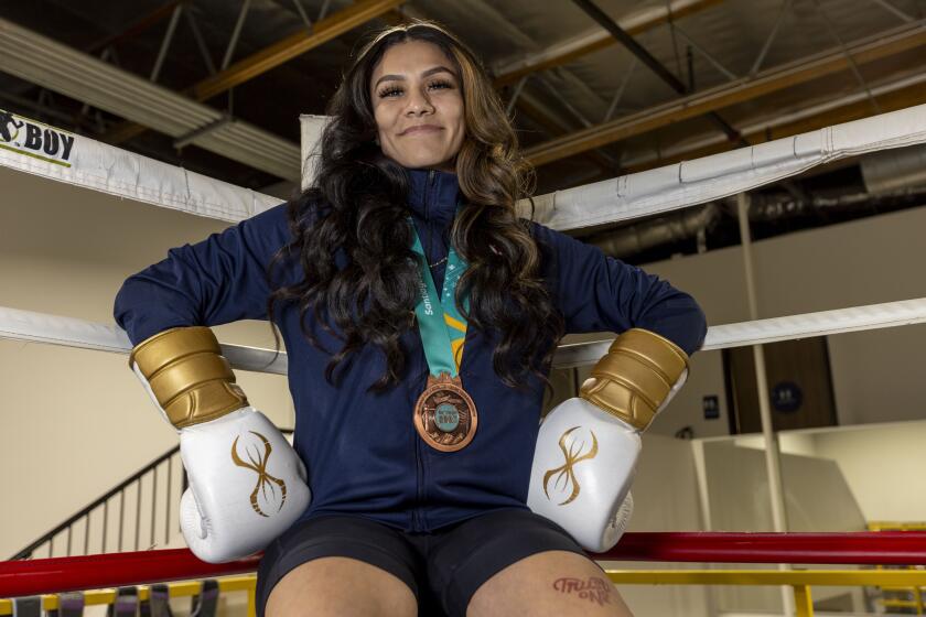 Jajaira Gonzalez of Glendora, Calif., at the CAPE Fitness gym in La Verne, Calif. Gonzalez boxes in the 60 kg weight division and will be part of Team USA in the 2024 Paris Olympics. She had a semifinal victory on day seven of the 2023 Santiago Pan American Games.