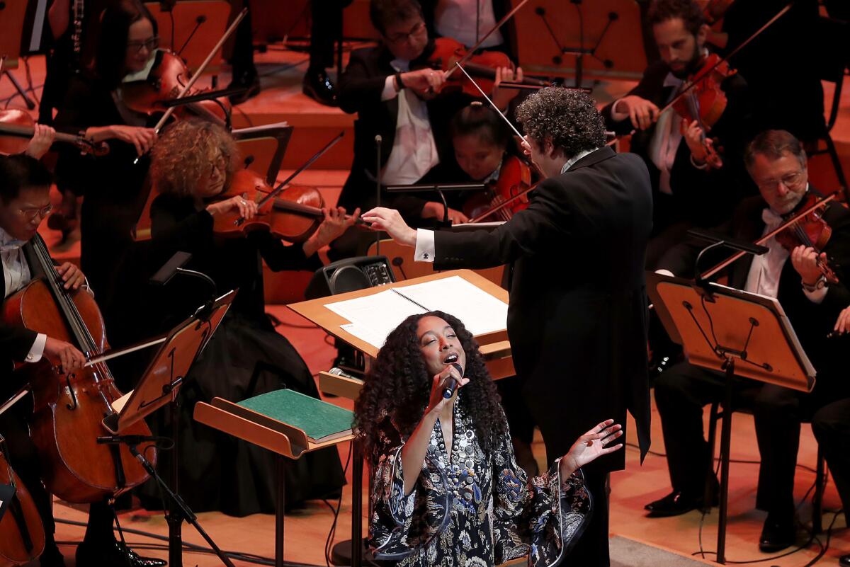 British singer-songwriter Corinne Bailey Rae performs with Gustavo Dudamel and the L.A. Phil as the symphony kicks off its centennial season with a "California Soul" gala at the Walt Disney Concert Hall in downtown Los Angeles on Thursday, Sept. 28, 2018.