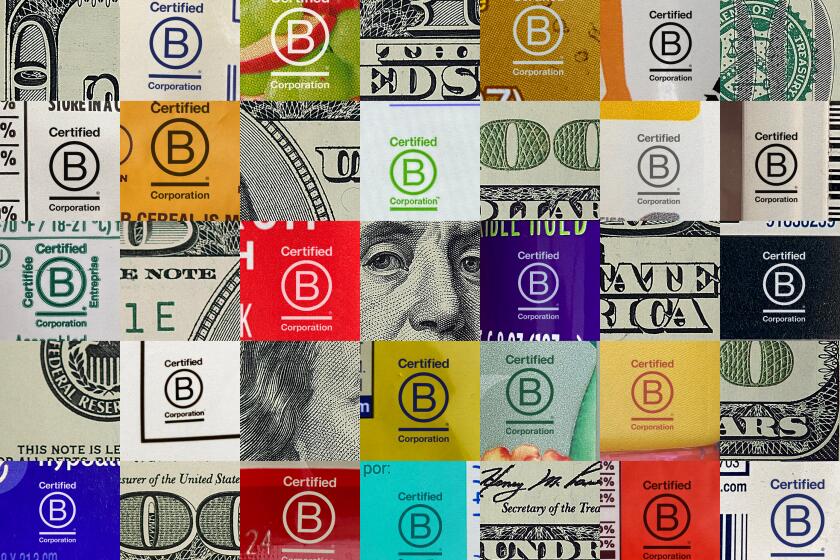 Photo illustration of close up views of the B Corp logo on labels in a square grid with money