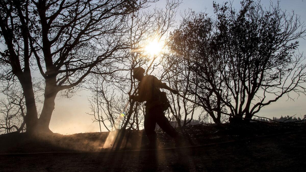 The National Weather Service has issued a flash flood watch for parts of Southern California, including areas recently charred by wildfires. Here, a firefighter douses hot spots along the road above Highway 74 while battling the Cranston fire in Idyllwild.