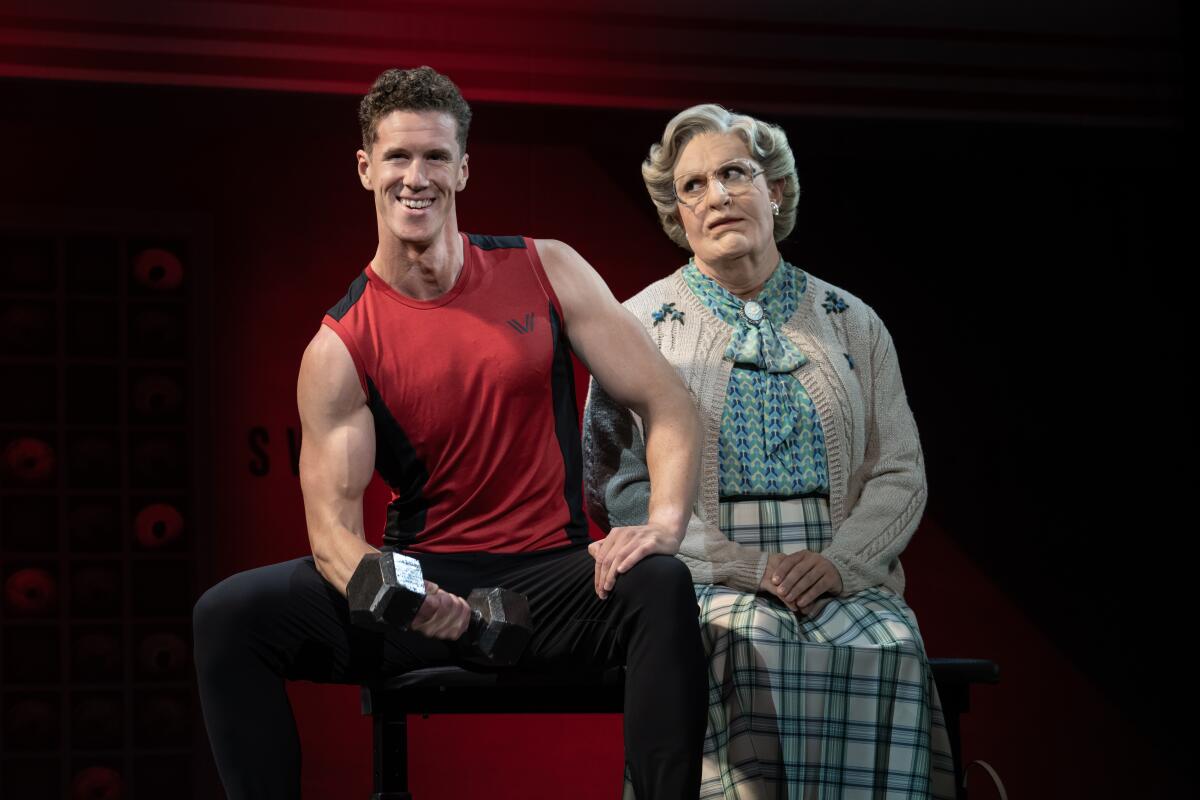 Leo Roberts as Stuart and Rob McClure as Mrs. Doubtfire in the national tour of "Mrs. Doubtfire."