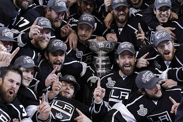 Kings players pose for a team photo after winning their first Stanley Cup by beating the New Jersey Devils 6-1 in Game 6 of the Stanley Cup Final at Staples Center.