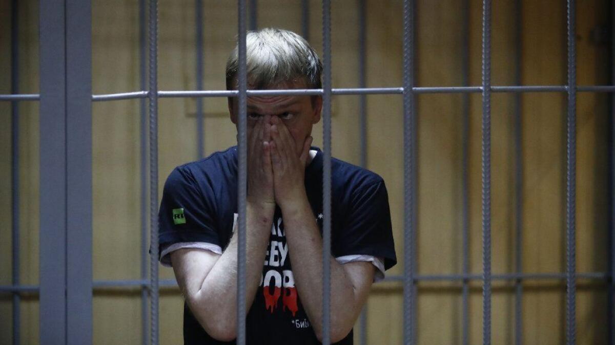 Meduza news project journalist Ivan Golunov reacts during the pretrial court hearing at Nikulinsky court in Moscow on June 8, 2019. Golunov was charged with possession of a controlled substance with intent to distribute. Charges were dropped on June 11.
