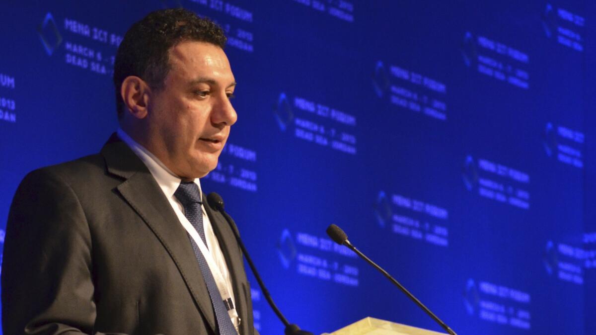 Nizar Zakka, a Lebanese technology expert and advocate for internet freedom, delivers a speech in Jordan in 2013.