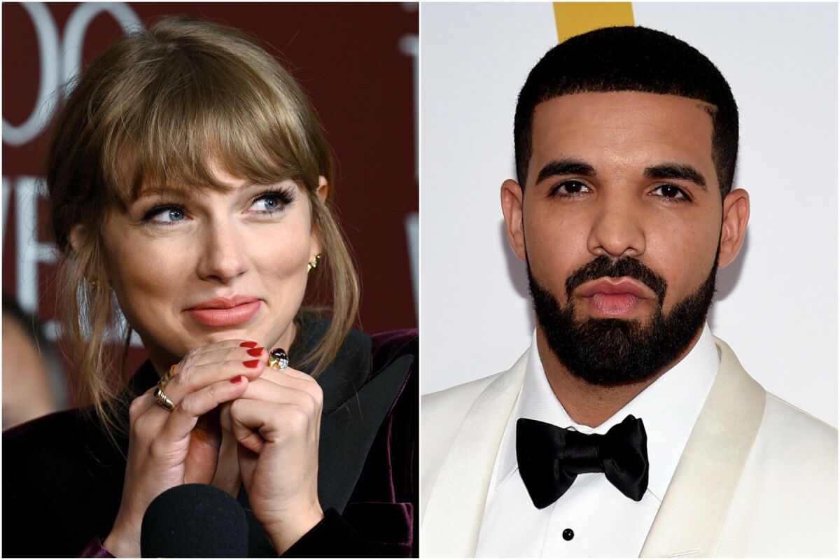 A split image of a woman with blond hair and cupping her hands together and a man with black hair posing in a suit
