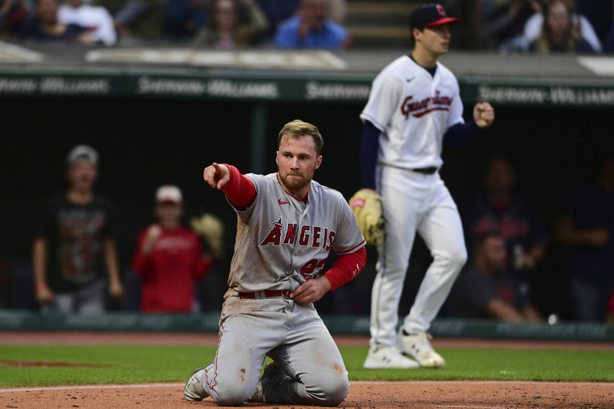 The Angels' Brandon Drury asks for a video replay after he was called out at home plate in the fourth inning May 12, 2023.