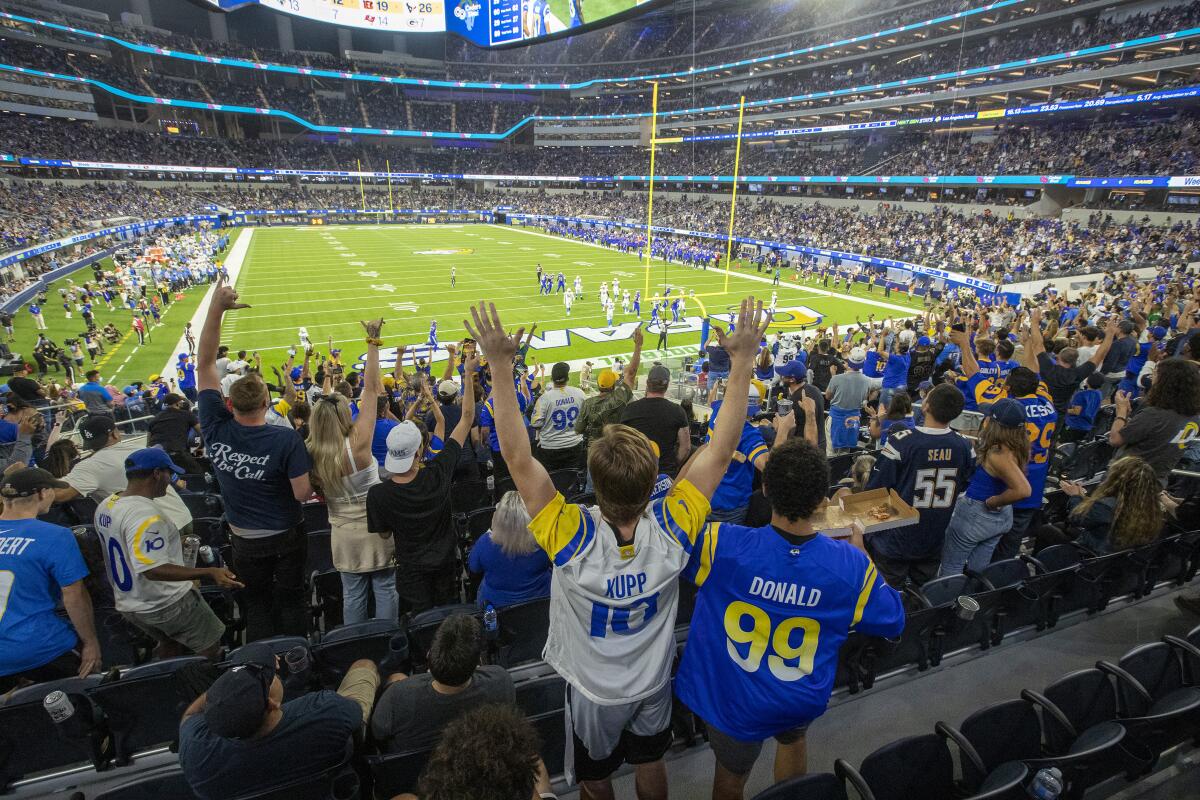 A wide-angle view of fans cheering in a packed football stadium.