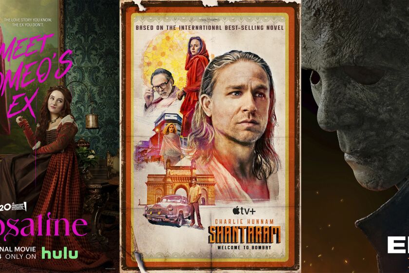 This combination of photos shows promotional art for the film "Rosaline," from left, the series Shantaram,” and the film "Halloween Ends," all premiering Friday, Oct. 14 on Hulu, Apple TV+ and Peacock respectively. (Hulu/Apple TV+/Peacock via AP)