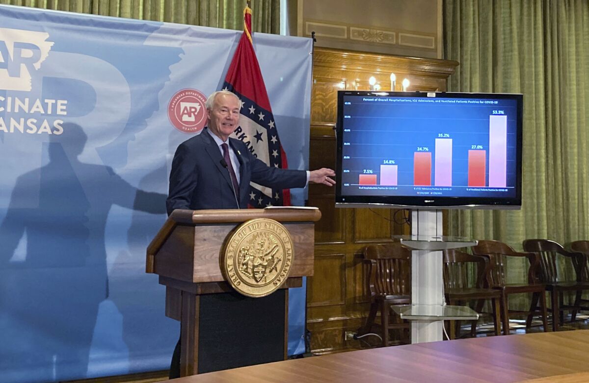 FILE - In this July 29, 2021 file photo, Arkansas Gov. Asa Hutchinson stands next to a chart displaying COVID-19 hospitalization data as he speaks at a news conference at the state Capitol in Little Rock, Ark. Arkansas lawmakers are leaving the state's mask mandate ban in place, ending a special session called to revisit the prohibition for schools because of the state's COVID-19 surge. The majority-Republican Legislature on Friday, Aug. 6, adjourned the session that GOP Gov. Hutchinson had called to consider rolling back the ban for some schools. (AP Photo/Andrew DeMillo)