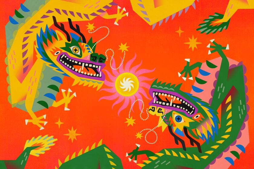 Illustration of yellow dragon and green dragon on a red background playing with a pearl sun design