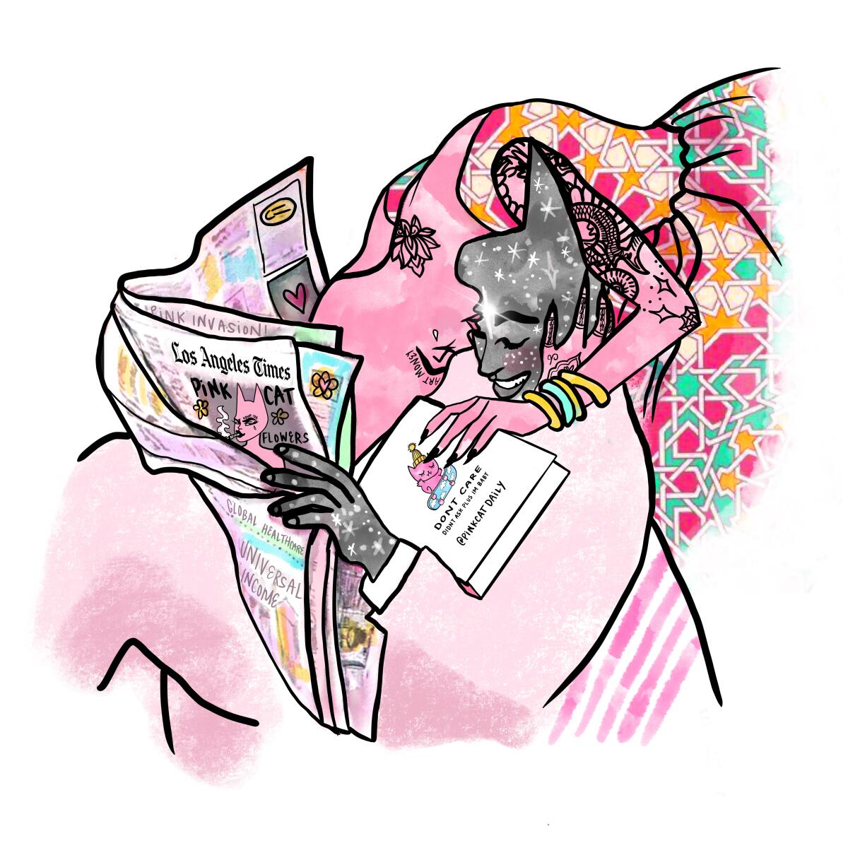 A cartoon character reads the Los Angeles Times as Pink Cat embraces him while holding a book.
