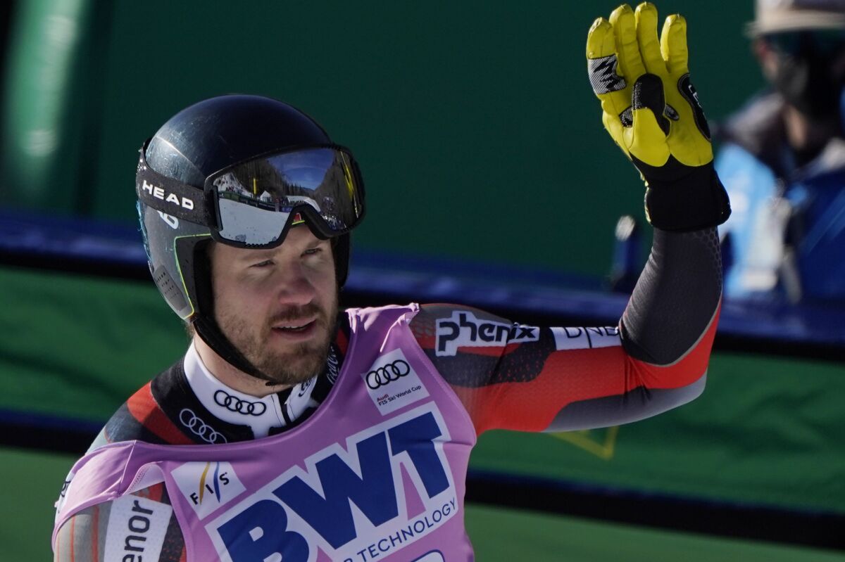 Norway's Kjetil Jansrud reacts after falling on his run during a men's World Cup super-G skiing race Friday, Dec. 3, 2021, in Beaver Creek, Colo. (AP Photo/Gregory Bull)