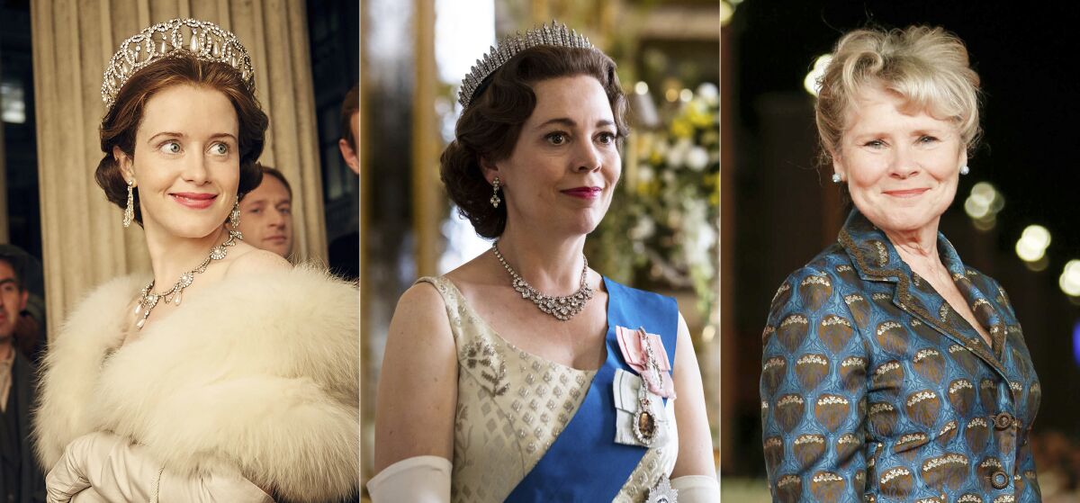 This combination photo shows Claire Foy, as the young Queen Elizabeth II, Olivia Colman as Queen Elizabeth II in later years and Imelda Staunton, who will be the third and final actress to portray the British monarch on the Netflix series "The Crown." (Netflix via AP, and AP Photo)