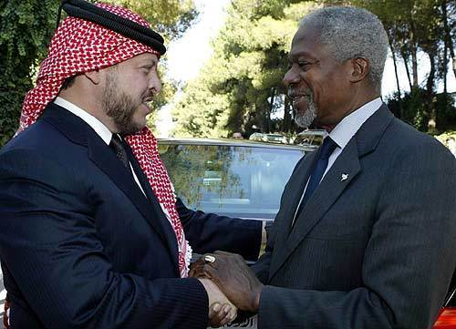 Annan in Amman United Nations Secretary General Kofi Annan is received by Jordan's King Abdullah II in Amman on Nov. 11. Al-Qaeda said that four Iraqis, including a husband and wife team, carried out the suicide bombings against luxury hotels in Jordan that devastated one of Washington's staunchest Middle East allies. Annan condemned the attacks during a visit to Amman as Jordanians gathered in mosques nationwide to mourn victims of the carnage, which jolted a country regarded as one of the safest in the volatile Middle East.