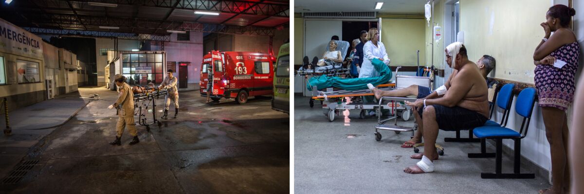 An ambulance arrives with an injured person at Nova Iguacu General Hospital in Rio de Janeiro state. Right, the reception area where patients receive their first medical attention at the hospital.