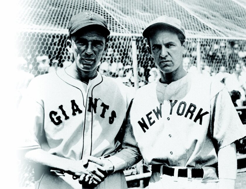 Carl Hubbell of the Giants, left, and Vernon Gomez of the Yankees, shown before they started the day for the All-Star teams in New York City July 10, 1934. (AP Photo)