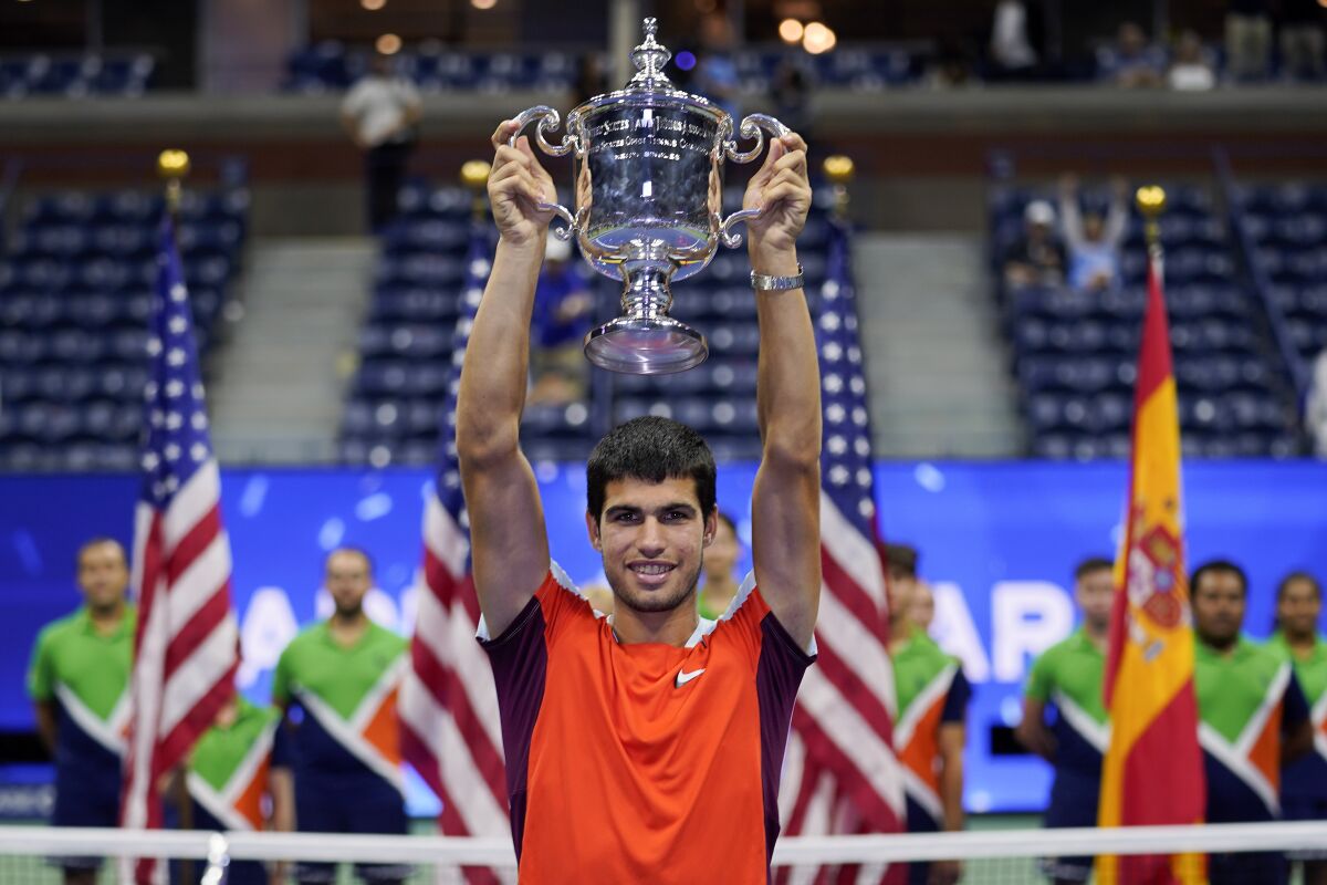 Carlos Alcaraz celebrates after winning the U.S. Open men's singles title Sunday.