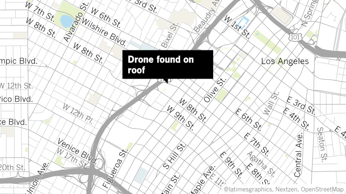 A map shows the location where a fireworks-laden drone was found on the roof of a building, police say.