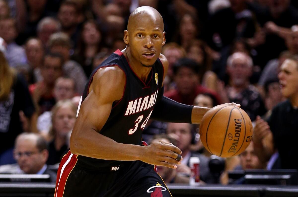 Miami's Ray Allen drives to the basket during Game 5 of the NBA Finals in June. Allen has not decided if he will return for a 19th NBA season.