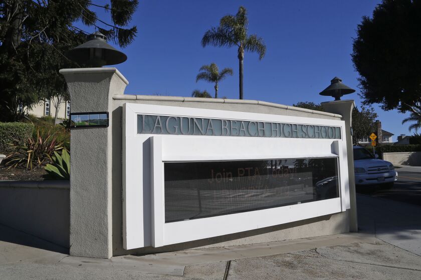 The Laguna Beach High school marquee on Park Ave in Laguna Beach.