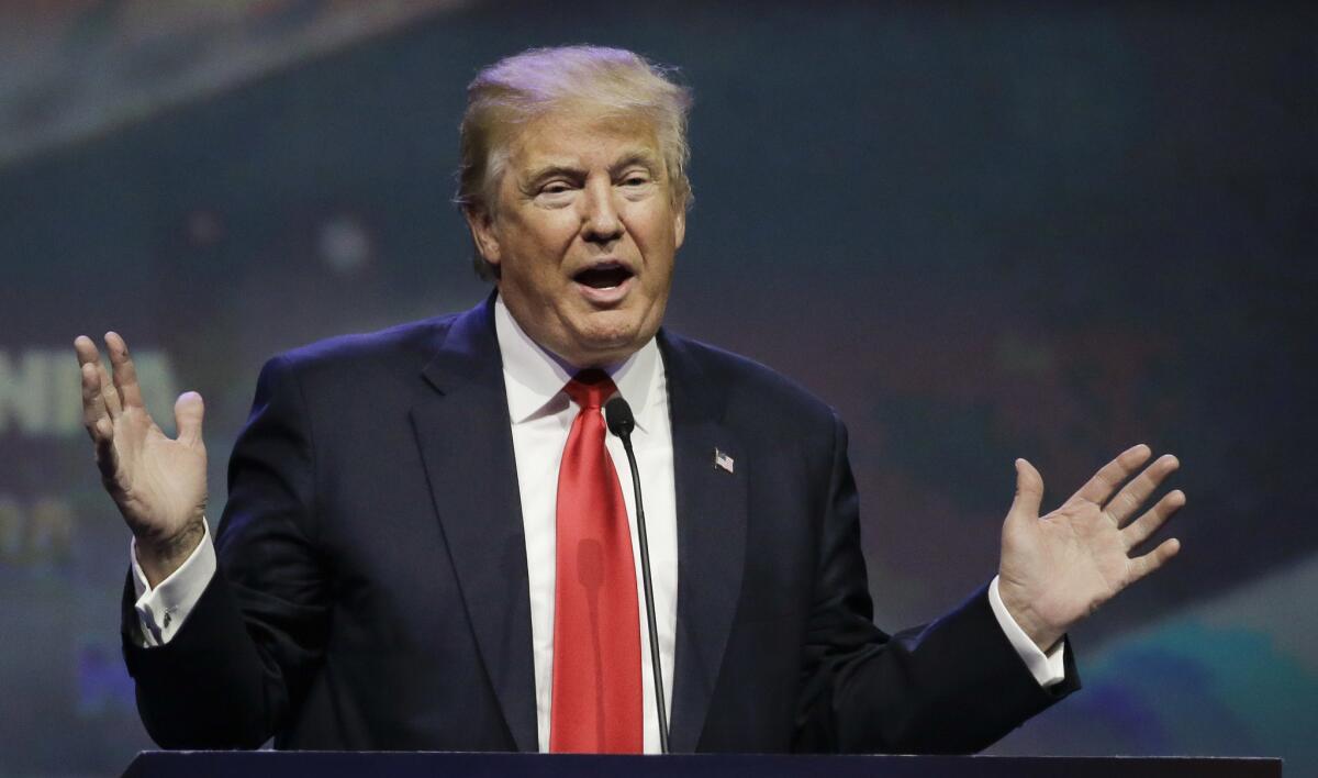 Republican presidential candidate Donald Trump speaks at the National Rifle Association convention, in Louisville, Ky. on May 20.