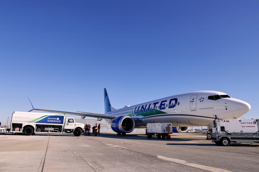 United Airlines has been testing fuel made from used cooking oil and rendered waste fat from beef, pork, and chicken. Refined at a Southern California plant, the fuel produces to emit about 80% lessfewer emissions than conventional jet fuel. (Thomas Vangel / United Airlines)