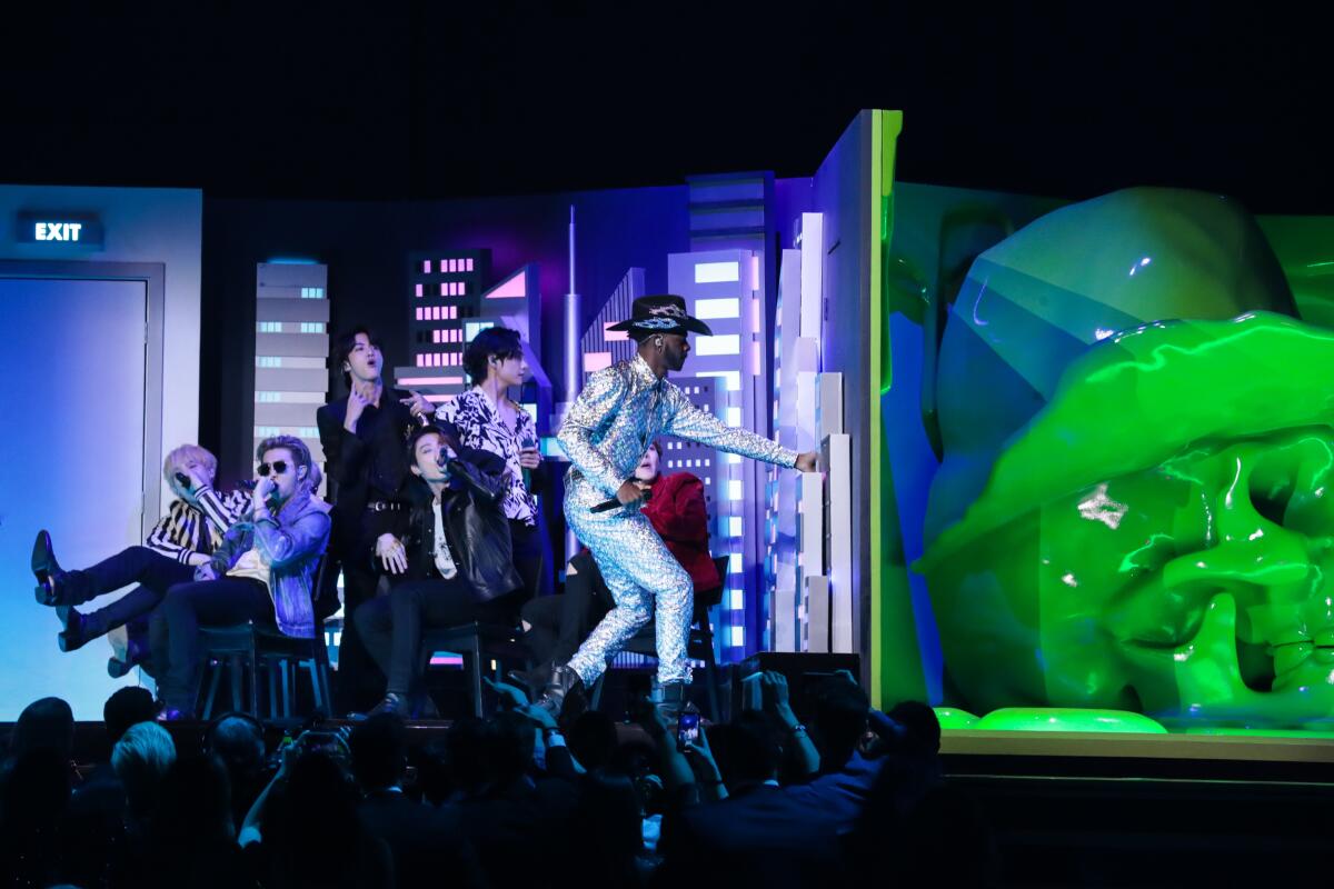 Lil Nas X and BTS perform the former's mega-hit "Old Town Road" at the 62nd Grammy Awards.
