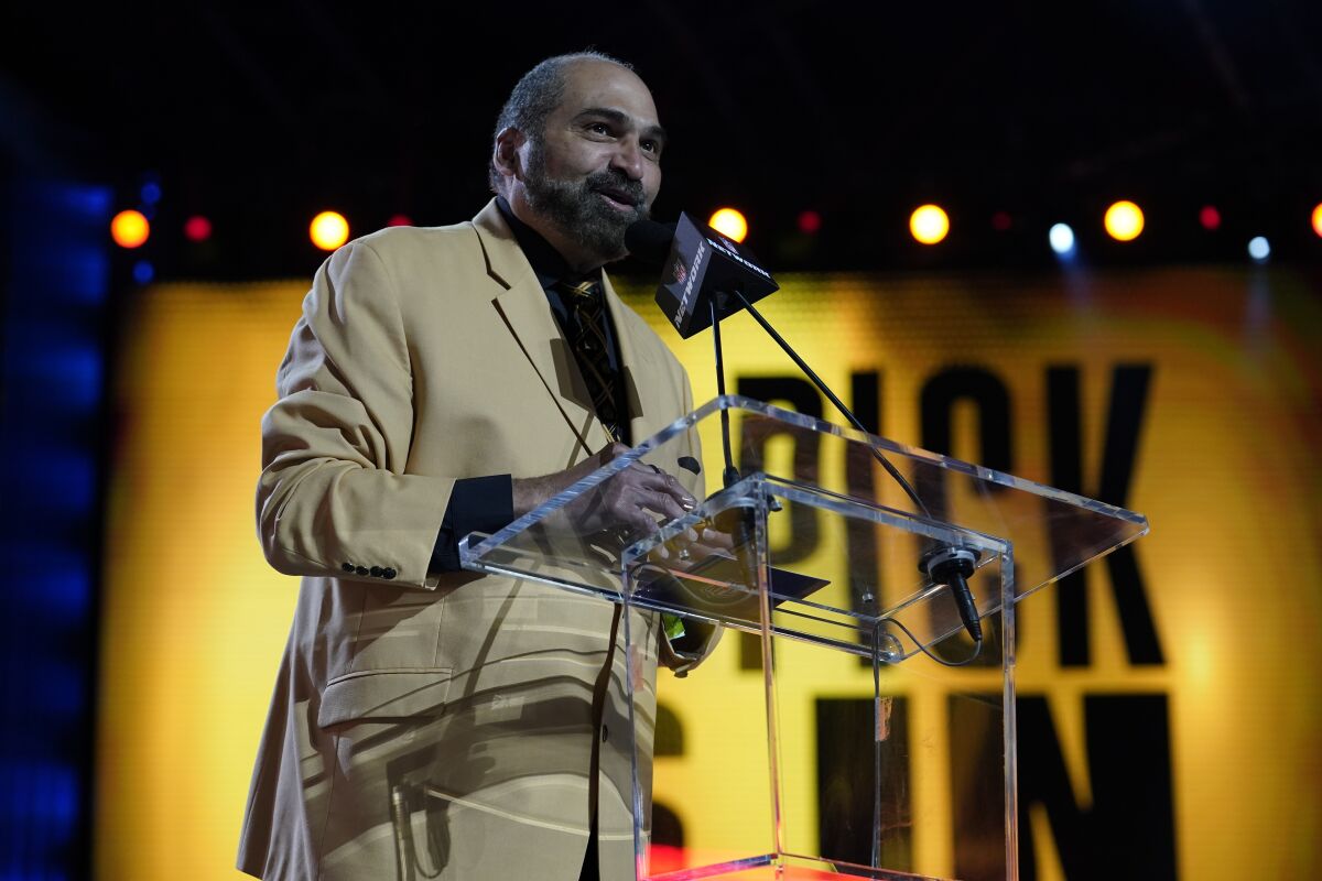 Franco Harris announces the Pittsburgh Steelers' pick during the second round of the NFL draft April 30, 2021.