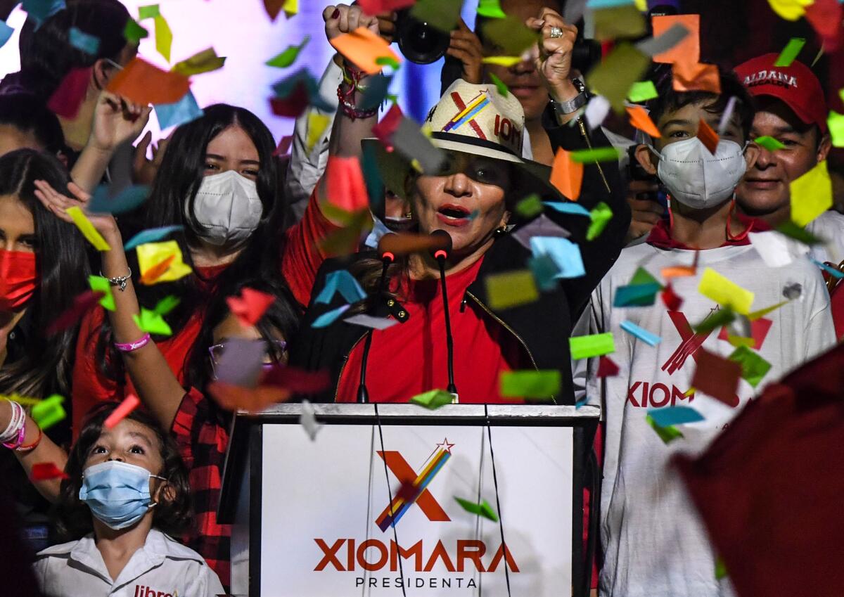 Honduran presidential candidate Xiomara Castro of the Libre Party delivers a speech Sunday in Tegucigalpa. 
