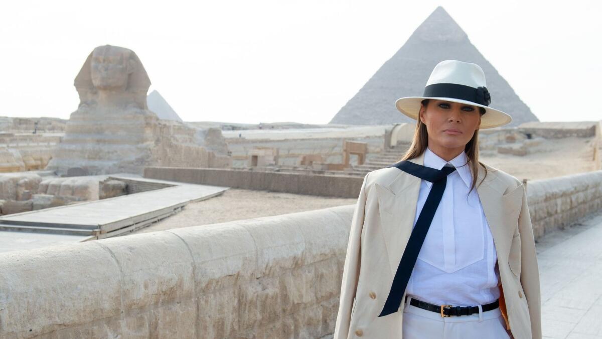 First Lady Melania Trump tours the Egyptian pyramids and Sphinx on Saturday as part of her four-nation visit to Africa.