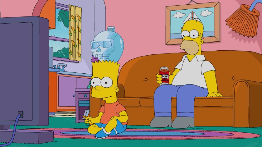 Homer and Bart Simpson watching TV