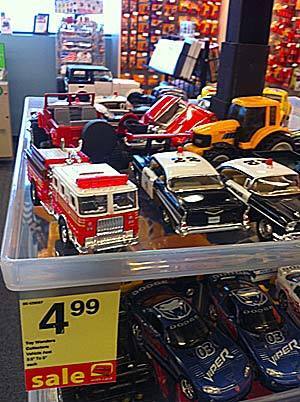 We hit holiday pay dirt at CVS Pharmacy and Walgreens. If you're willing to prowl the aisles and get creative, you'll find plenty of stocking stuffers at prices Santa would love. Everything here is under five bucks, including toy trucks, above, for your favorite little tyke. --Rene Lynch