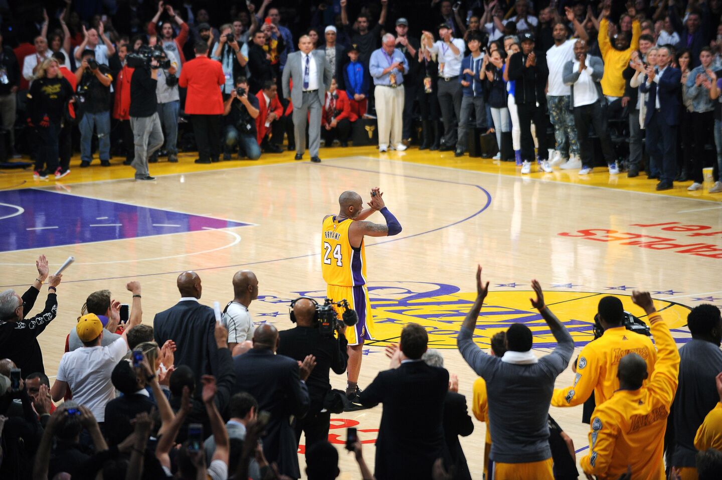 Kobe Bryant salutes the crowd at the end of his final game at Staples Center.